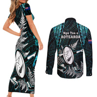 New Zealand Silver Fern Rugby Couples Matching Short Sleeve Bodycon Dress and Long Sleeve Button Shirts Aotearoa All Black Dabbing Ball With Maori Paua Shell - Wonder Print Shop