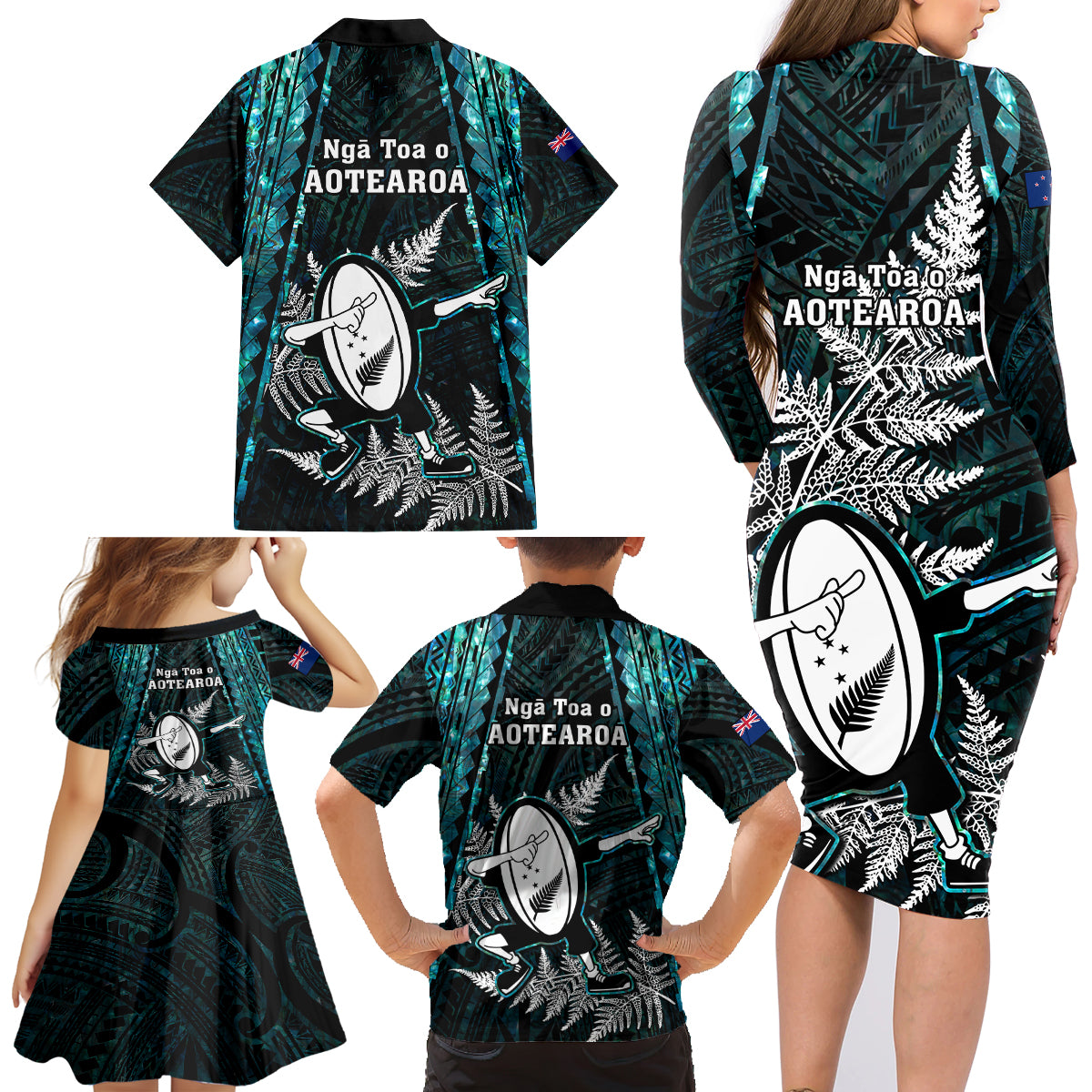 New Zealand Silver Fern Rugby Family Matching Long Sleeve Bodycon Dress and Hawaiian Shirt Aotearoa All Black Dabbing Ball With Maori Paua Shell - Wonder Print Shop