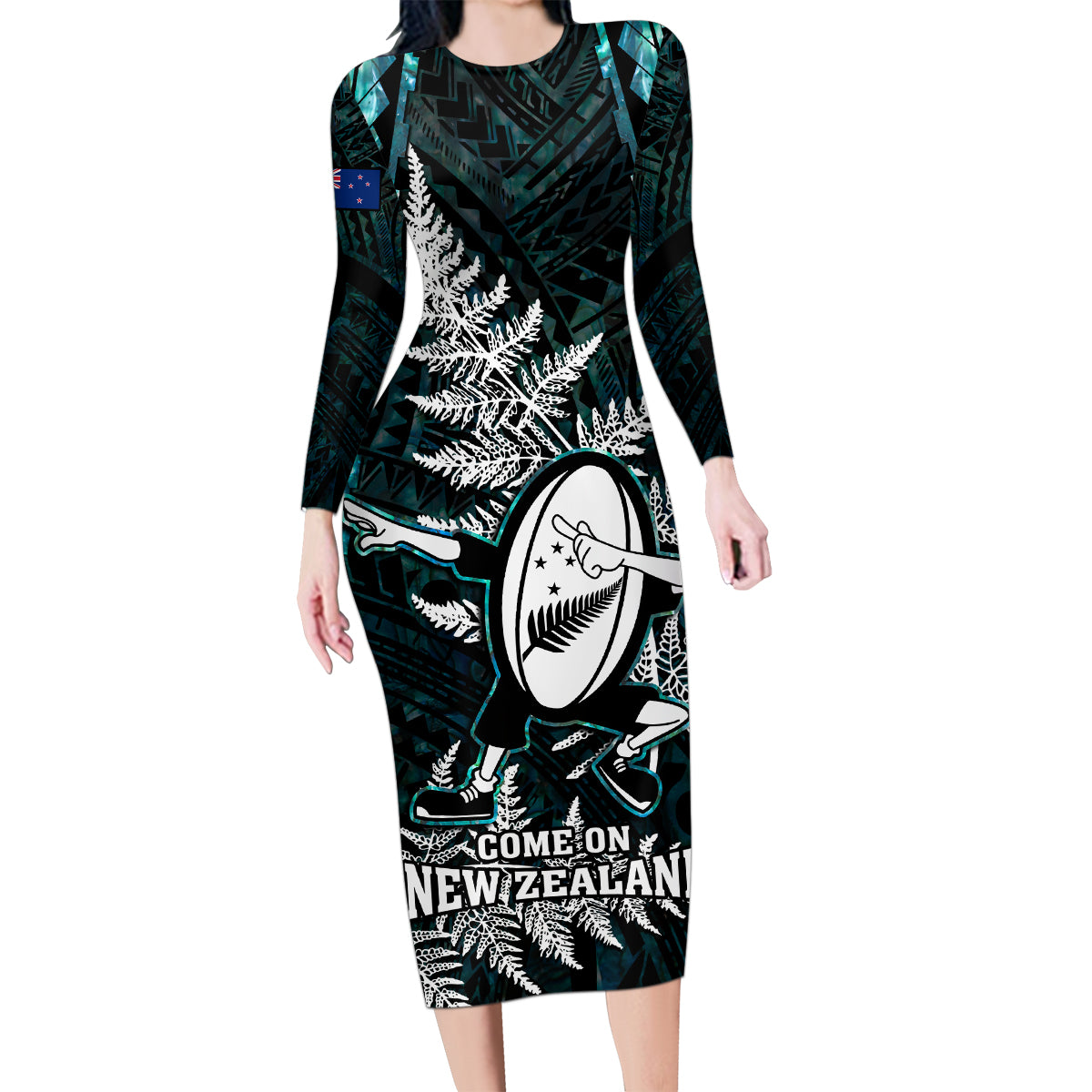 New Zealand Silver Fern Rugby Family Matching Long Sleeve Bodycon Dress and Hawaiian Shirt Aotearoa All Black Dabbing Ball With Maori Paua Shell - Wonder Print Shop