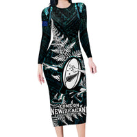 New Zealand Silver Fern Rugby Family Matching Long Sleeve Bodycon Dress and Hawaiian Shirt Aotearoa All Black Dabbing Ball With Maori Paua Shell - Wonder Print Shop
