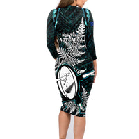 New Zealand Silver Fern Rugby Family Matching Long Sleeve Bodycon Dress and Hawaiian Shirt Aotearoa All Black Dabbing Ball With Maori Paua Shell - Wonder Print Shop