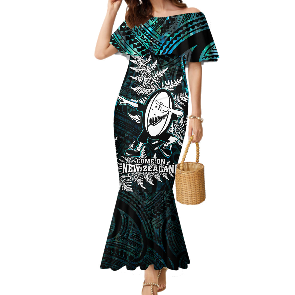New Zealand Silver Fern Rugby Family Matching Mermaid Dress and Hawaiian Shirt Aotearoa All Black Dabbing Ball With Maori Paua Shell - Wonder Print Shop