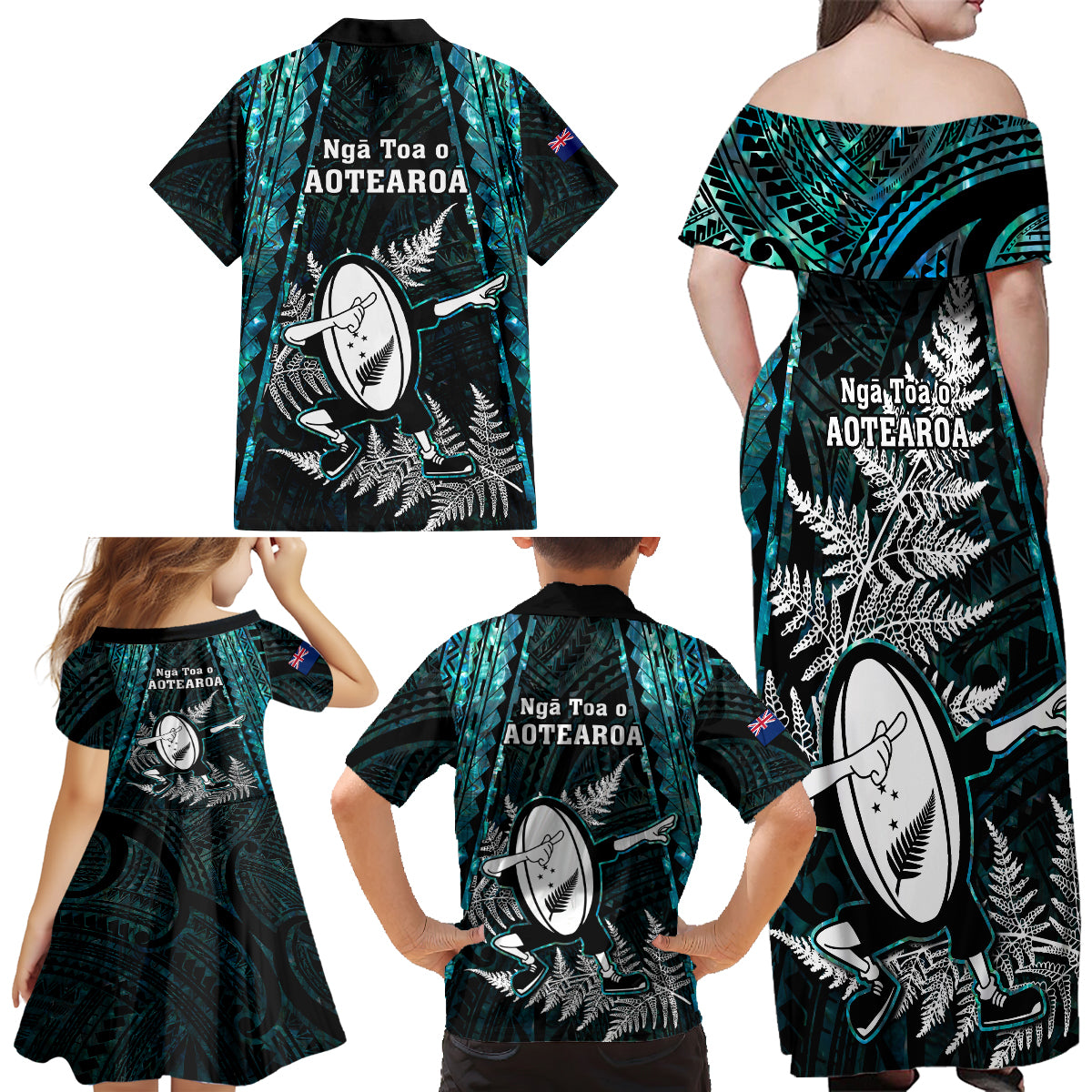 New Zealand Silver Fern Rugby Family Matching Off Shoulder Long Sleeve Dress and Hawaiian Shirt Aotearoa All Black Dabbing Ball With Maori Paua Shell - Wonder Print Shop