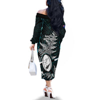 New Zealand Silver Fern Rugby Family Matching Off Shoulder Long Sleeve Dress and Hawaiian Shirt Aotearoa All Black Dabbing Ball With Maori Paua Shell - Wonder Print Shop