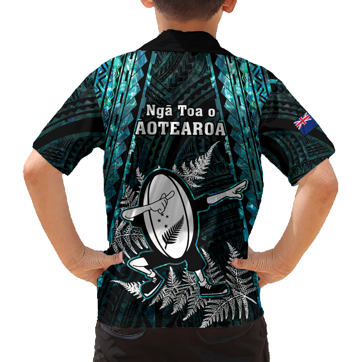 New Zealand Silver Fern Rugby Family Matching Off Shoulder Maxi Dress and Hawaiian Shirt Aotearoa All Black Dabbing Ball With Maori Paua Shell - Wonder Print Shop