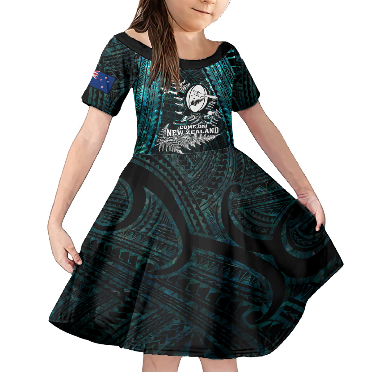 New Zealand Silver Fern Rugby Family Matching Off Shoulder Maxi Dress and Hawaiian Shirt Aotearoa All Black Dabbing Ball With Maori Paua Shell - Wonder Print Shop