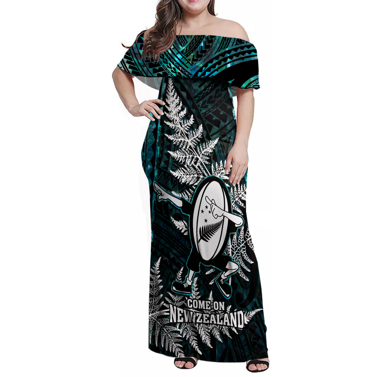 New Zealand Silver Fern Rugby Family Matching Off Shoulder Maxi Dress and Hawaiian Shirt Aotearoa All Black Dabbing Ball With Maori Paua Shell - Wonder Print Shop