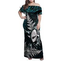 New Zealand Silver Fern Rugby Family Matching Off Shoulder Maxi Dress and Hawaiian Shirt Aotearoa All Black Dabbing Ball With Maori Paua Shell - Wonder Print Shop