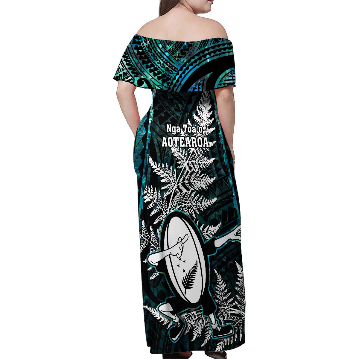 New Zealand Silver Fern Rugby Family Matching Off Shoulder Maxi Dress and Hawaiian Shirt Aotearoa All Black Dabbing Ball With Maori Paua Shell - Wonder Print Shop