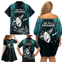 New Zealand Silver Fern Rugby Family Matching Off Shoulder Short Dress and Hawaiian Shirt Aotearoa All Black Dabbing Ball With Maori Paua Shell - Wonder Print Shop