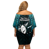 New Zealand Silver Fern Rugby Family Matching Off Shoulder Short Dress and Hawaiian Shirt Aotearoa All Black Dabbing Ball With Maori Paua Shell - Wonder Print Shop