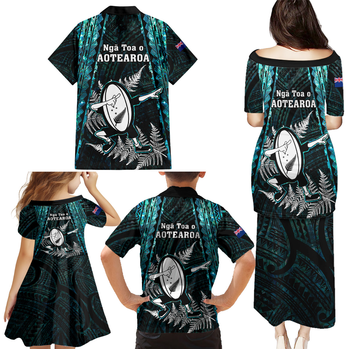New Zealand Silver Fern Rugby Family Matching Puletasi Dress and Hawaiian Shirt Aotearoa All Black Dabbing Ball With Maori Paua Shell - Wonder Print Shop