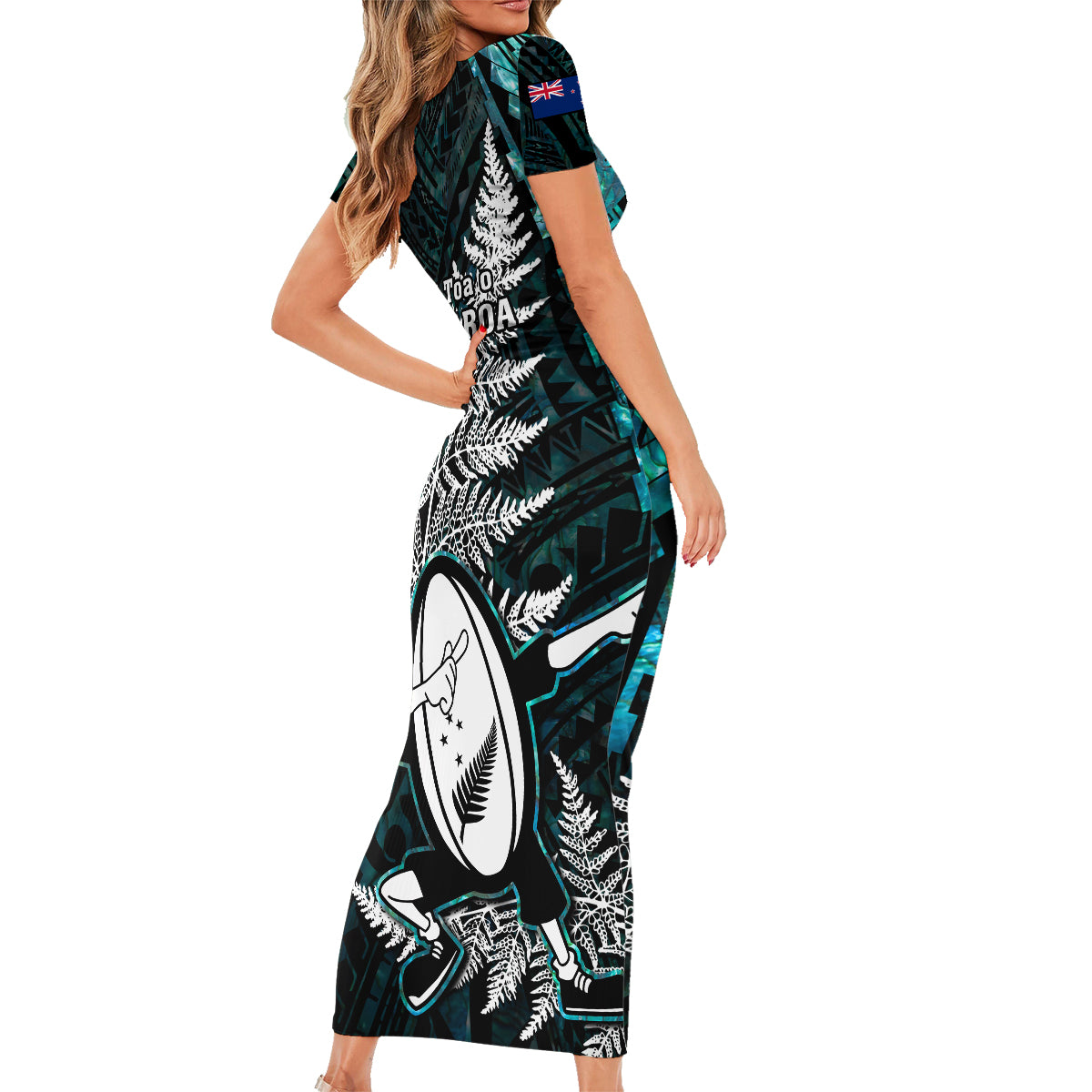 New Zealand Silver Fern Rugby Family Matching Short Sleeve Bodycon Dress and Hawaiian Shirt Aotearoa All Black Dabbing Ball With Maori Paua Shell - Wonder Print Shop