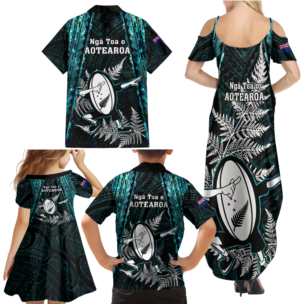 New Zealand Silver Fern Rugby Family Matching Summer Maxi Dress and Hawaiian Shirt Aotearoa All Black Dabbing Ball With Maori Paua Shell - Wonder Print Shop