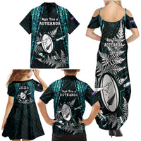 New Zealand Silver Fern Rugby Family Matching Summer Maxi Dress and Hawaiian Shirt Aotearoa All Black Dabbing Ball With Maori Paua Shell - Wonder Print Shop