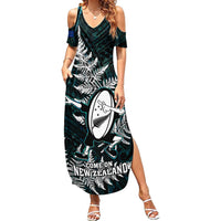 New Zealand Silver Fern Rugby Family Matching Summer Maxi Dress and Hawaiian Shirt Aotearoa All Black Dabbing Ball With Maori Paua Shell - Wonder Print Shop