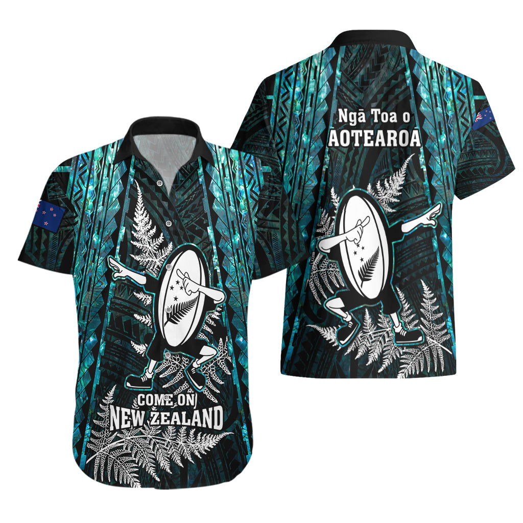 New Zealand Silver Fern Rugby Hawaiian Shirt Aotearoa All Black Dabbing Ball With Maori Paua Shell - Wonder Print Shop