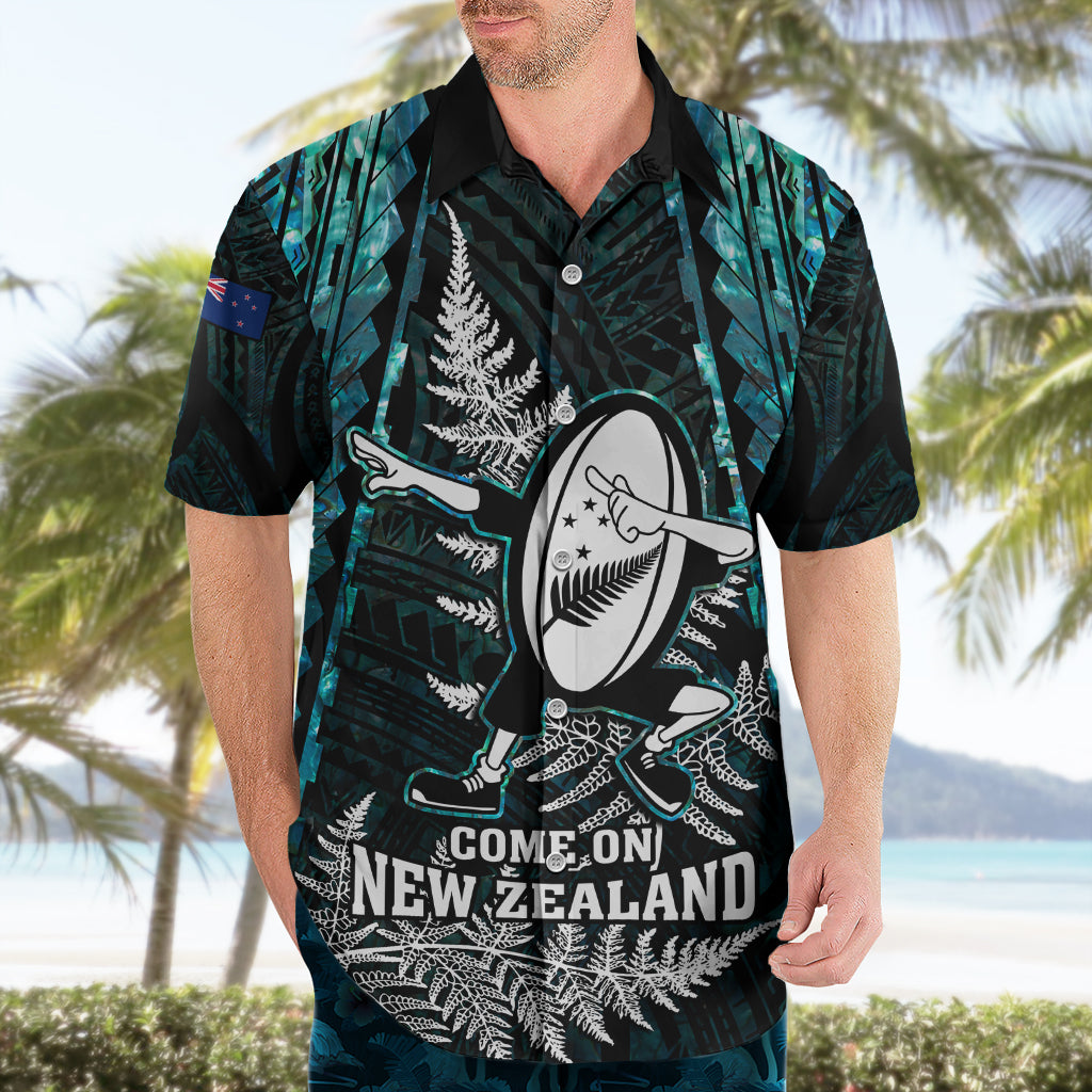 New Zealand Silver Fern Rugby Hawaiian Shirt Aotearoa All Black Dabbing Ball With Maori Paua Shell - Wonder Print Shop