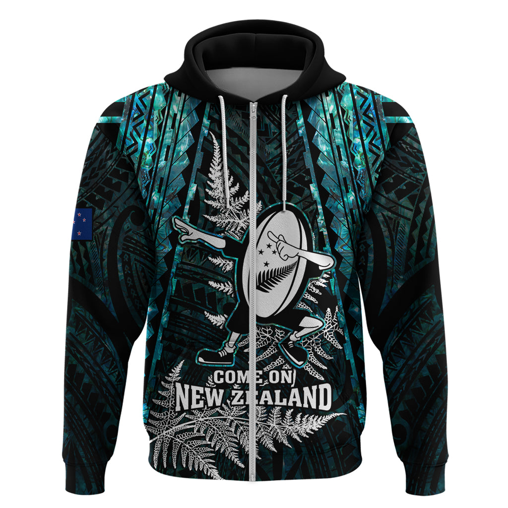 New Zealand Silver Fern Rugby Hoodie Aotearoa All Black Dabbing Ball With Maori Paua Shell - Wonder Print Shop