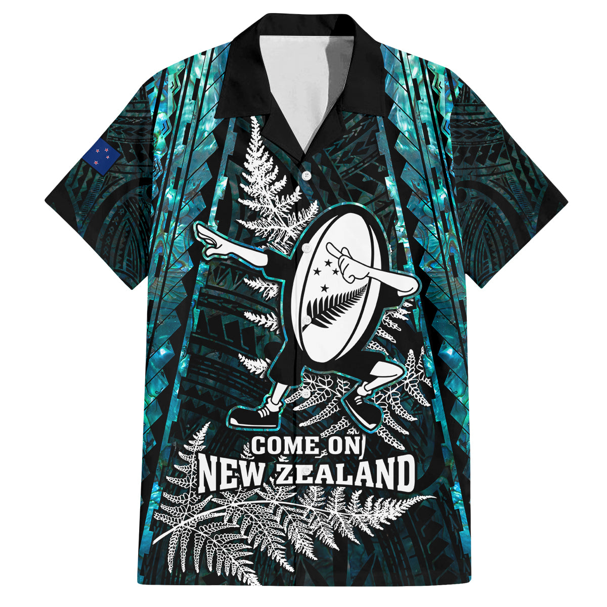 New Zealand Silver Fern Rugby Kid Hawaiian Shirt Aotearoa All Black Dabbing Ball With Maori Paua Shell - Wonder Print Shop