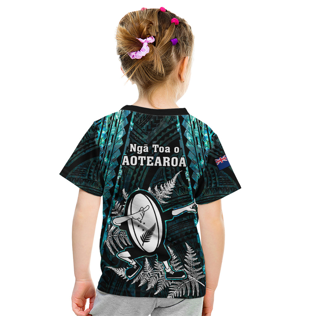 New Zealand Silver Fern Rugby Kid T Shirt Aotearoa All Black Dabbing Ball With Maori Paua Shell - Wonder Print Shop