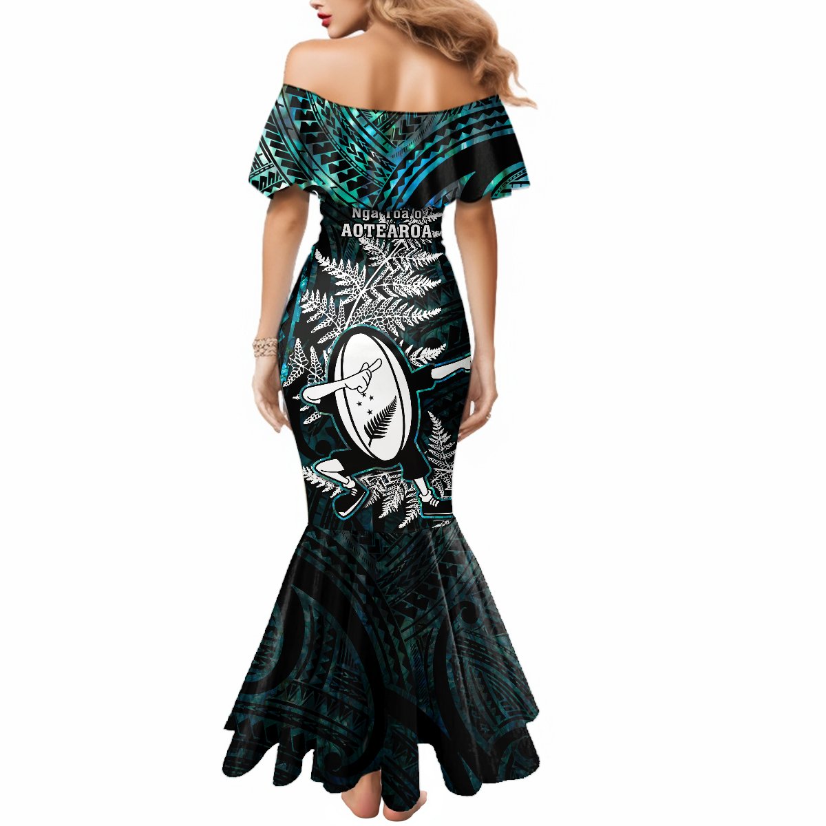 New Zealand Silver Fern Rugby Mermaid Dress Aotearoa All Black Dabbing Ball With Maori Paua Shell - Wonder Print Shop
