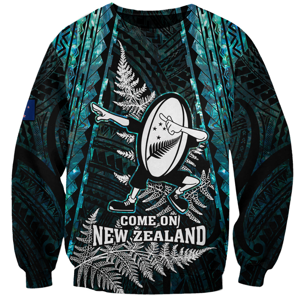 New Zealand Silver Fern Rugby Sweatshirt Aotearoa All Black Dabbing Ball With Maori Paua Shell - Wonder Print Shop