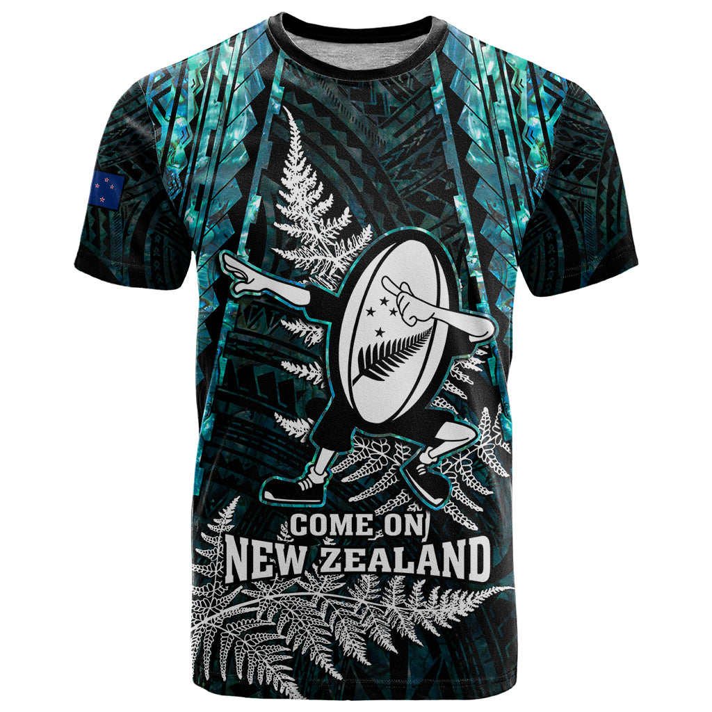New Zealand Silver Fern Rugby T Shirt Aotearoa All Black Dabbing Ball With Maori Paua Shell - Wonder Print Shop