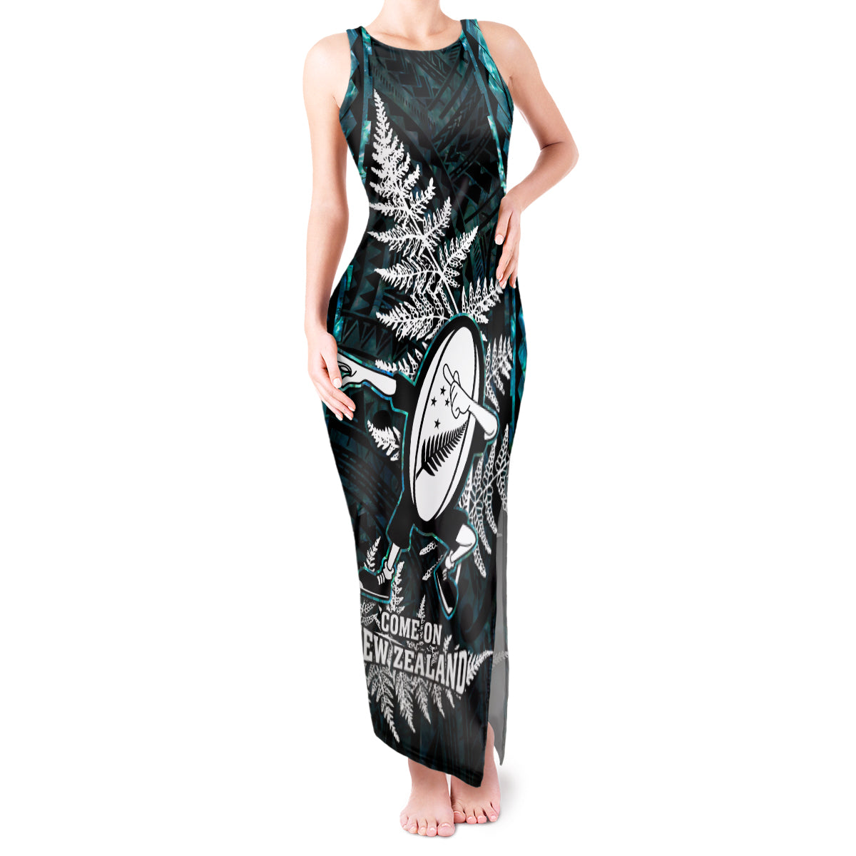 New Zealand Silver Fern Rugby Tank Maxi Dress Aotearoa All Black Dabbing Ball With Maori Paua Shell - Wonder Print Shop