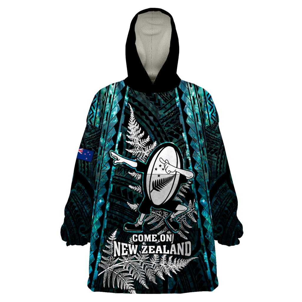 New Zealand Silver Fern Rugby Wearable Blanket Hoodie Aotearoa All Black Dabbing Ball With Maori Paua Shell - Wonder Print Shop