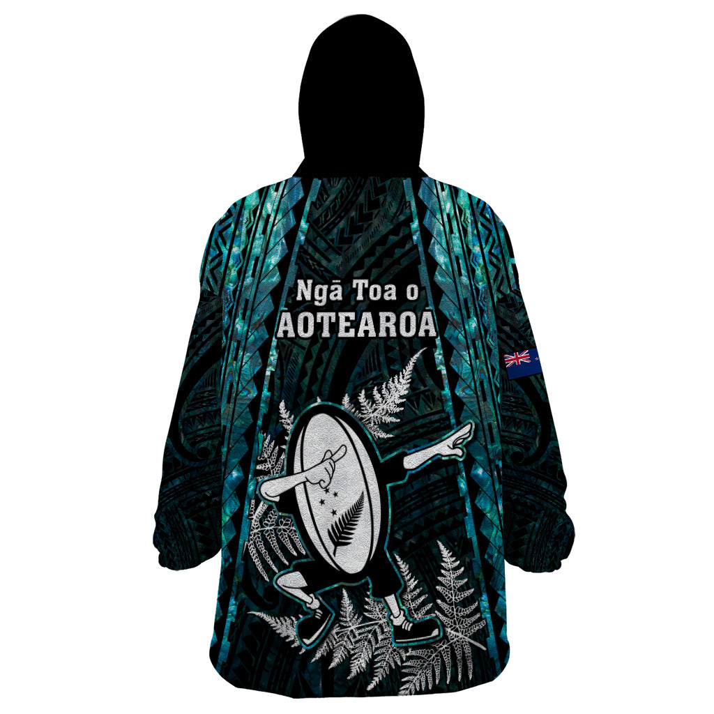 New Zealand Silver Fern Rugby Wearable Blanket Hoodie Aotearoa All Black Dabbing Ball With Maori Paua Shell - Wonder Print Shop