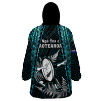 New Zealand Silver Fern Rugby Wearable Blanket Hoodie Aotearoa All Black Dabbing Ball With Maori Paua Shell - Wonder Print Shop