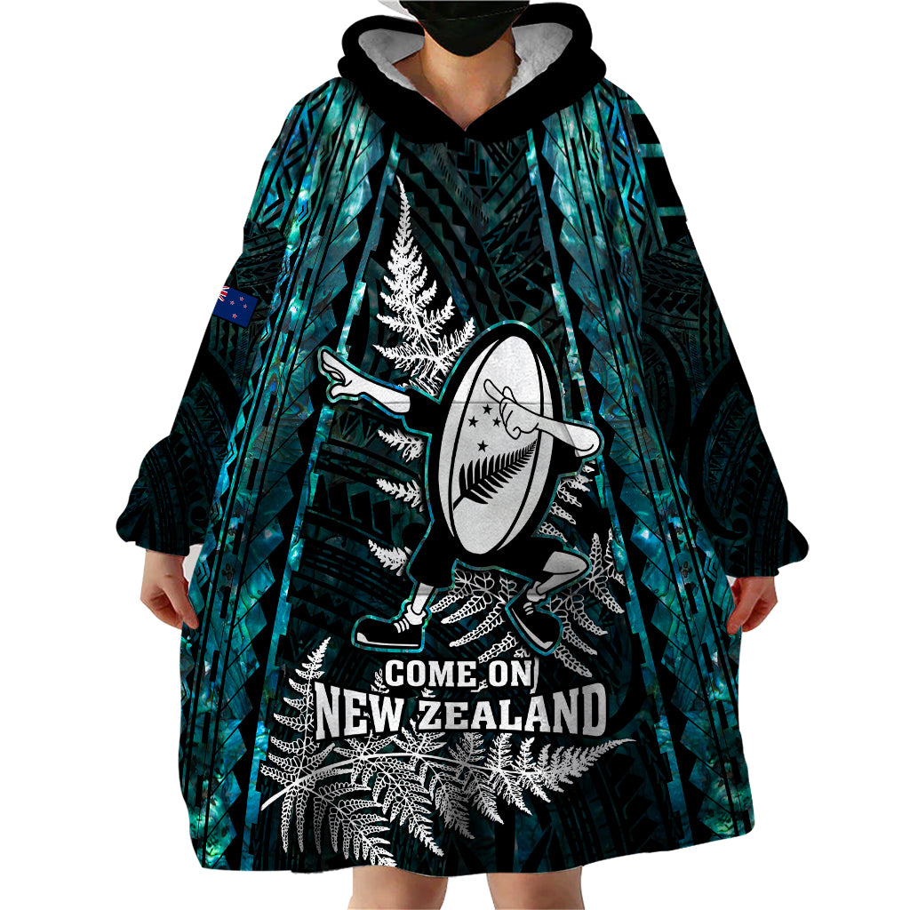 New Zealand Silver Fern Rugby Wearable Blanket Hoodie Aotearoa All Black Dabbing Ball With Maori Paua Shell - Wonder Print Shop
