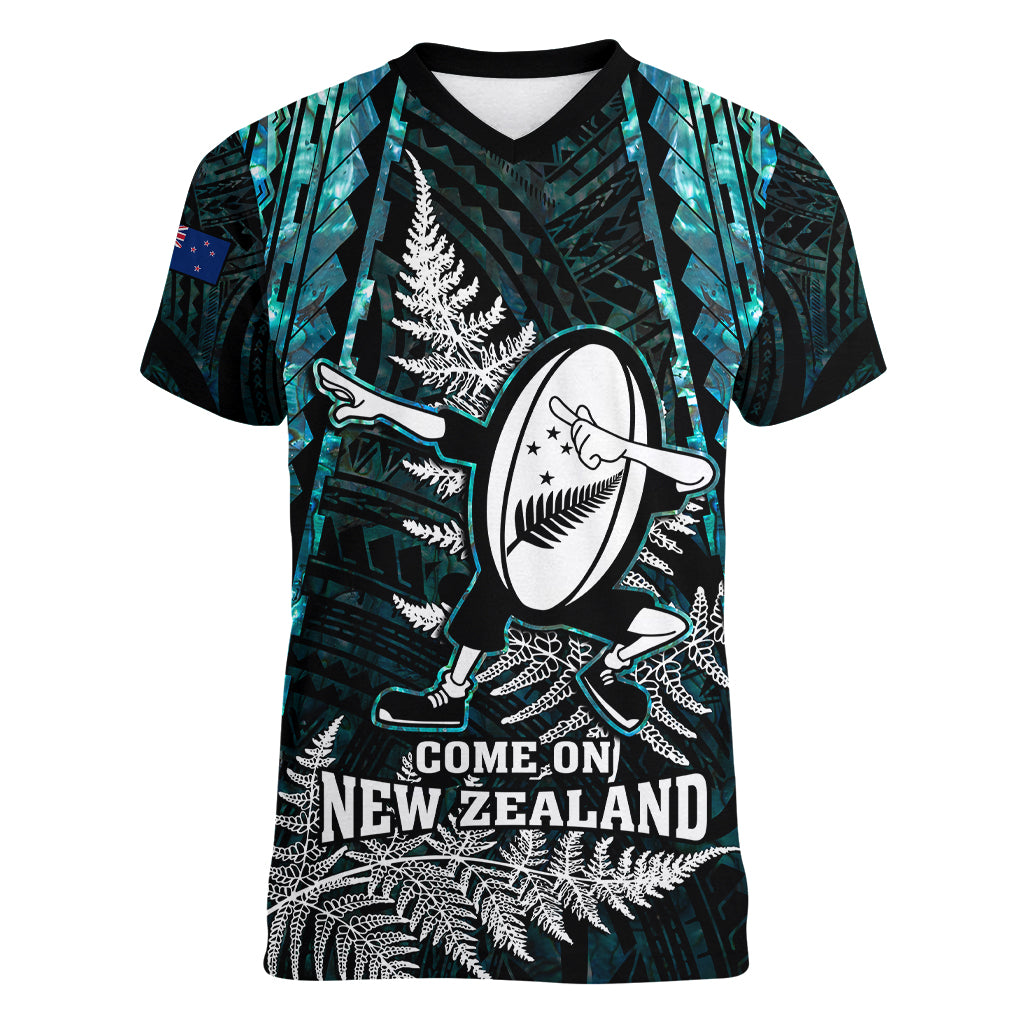 New Zealand Silver Fern Rugby Women V Neck T Shirt Aotearoa All Black Dabbing Ball With Maori Paua Shell - Wonder Print Shop