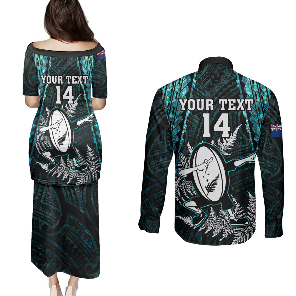 Custom New Zealand Silver Fern Rugby Couples Matching Puletasi Dress and Long Sleeve Button Shirts Aotearoa All Black Dabbing Ball With Maori Paua Shell - Wonder Print Shop