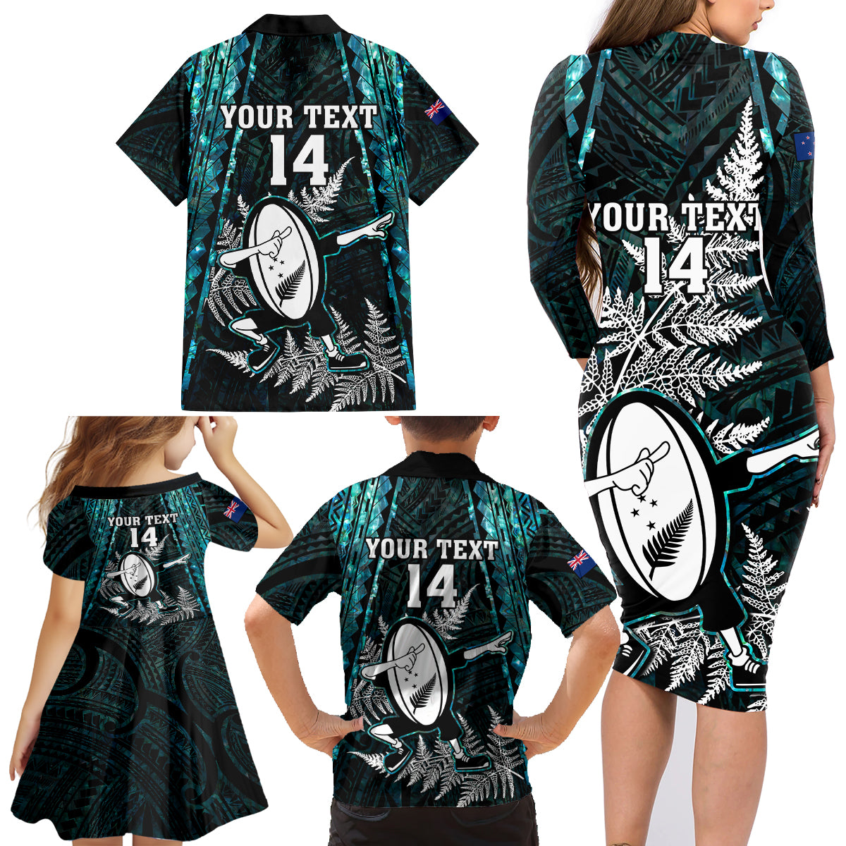 Custom New Zealand Silver Fern Rugby Family Matching Long Sleeve Bodycon Dress and Hawaiian Shirt Aotearoa All Black Dabbing Ball With Maori Paua Shell - Wonder Print Shop
