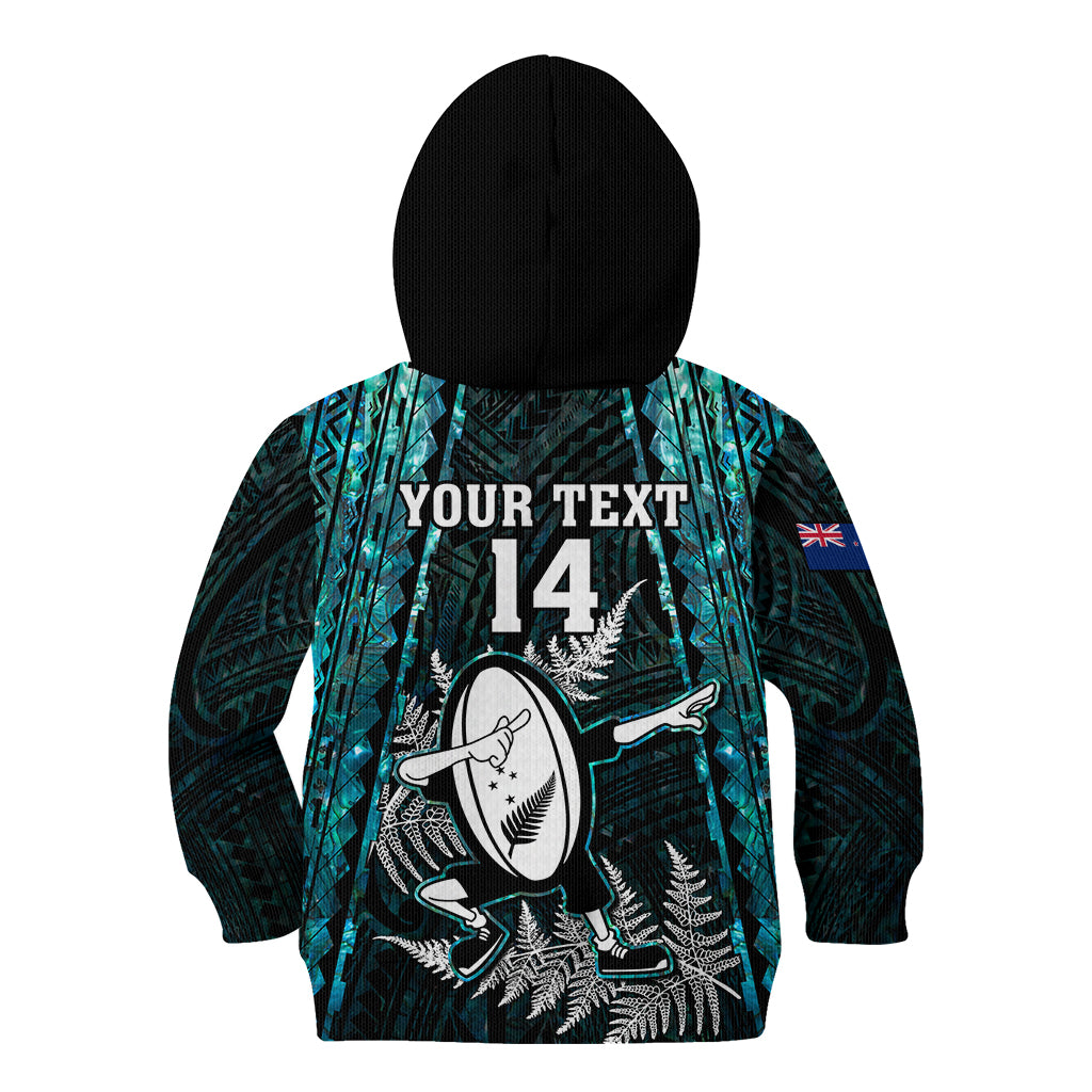 Custom New Zealand Silver Fern Rugby Kid Hoodie Aotearoa All Black Dabbing Ball With Maori Paua Shell - Wonder Print Shop