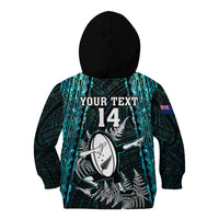 Custom New Zealand Silver Fern Rugby Kid Hoodie Aotearoa All Black Dabbing Ball With Maori Paua Shell - Wonder Print Shop