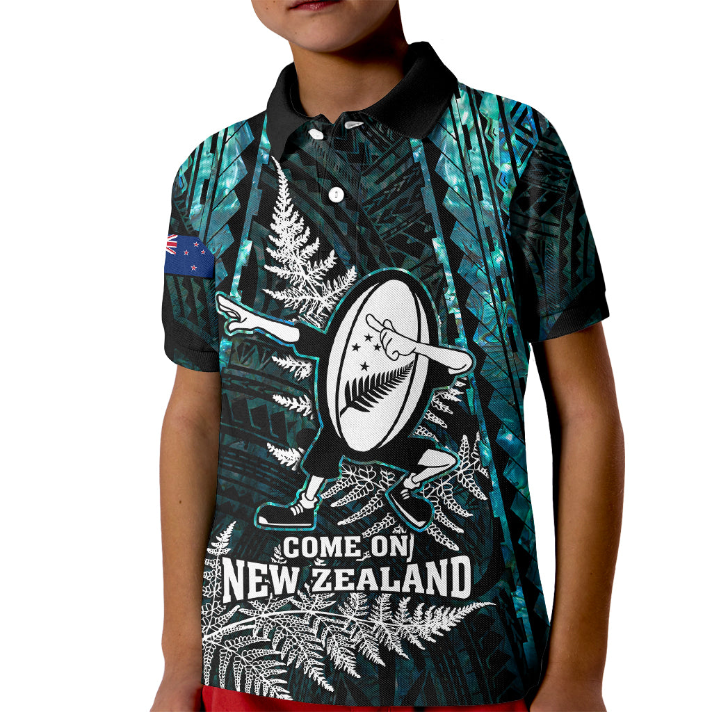 custom-new-zealand-silver-fern-rugby-kid-polo-shirt-aotearoa-all-black-dabbing-ball-with-maori-paua-shell