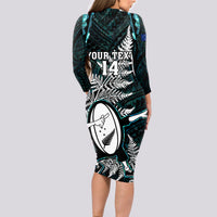 Custom New Zealand Silver Fern Rugby Long Sleeve Bodycon Dress Aotearoa All Black Dabbing Ball With Maori Paua Shell - Wonder Print Shop
