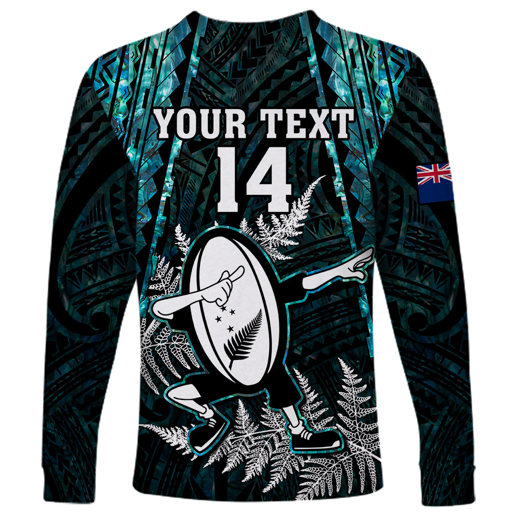 Custom New Zealand Silver Fern Rugby Long Sleeve Shirt Aotearoa All Black Dabbing Ball With Maori Paua Shell - Wonder Print Shop