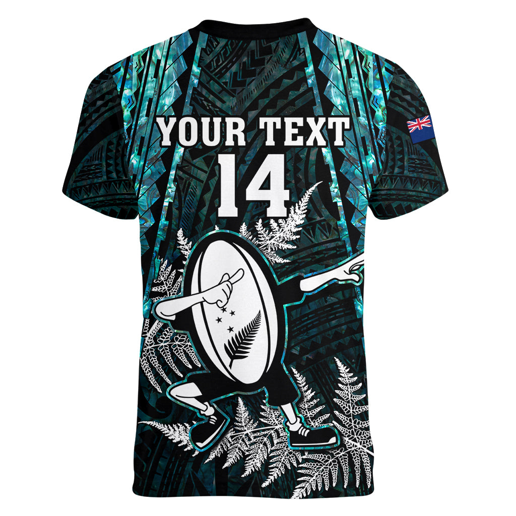 Custom New Zealand Silver Fern Rugby Women V Neck T Shirt Aotearoa All Black Dabbing Ball With Maori Paua Shell - Wonder Print Shop