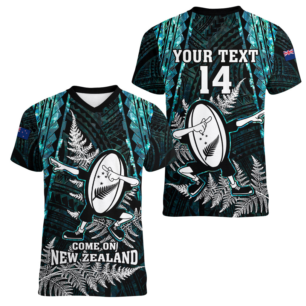 Custom New Zealand Silver Fern Rugby Women V Neck T Shirt Aotearoa All Black Dabbing Ball With Maori Paua Shell - Wonder Print Shop