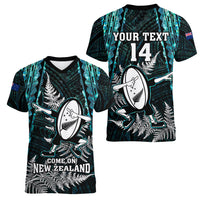 Custom New Zealand Silver Fern Rugby Women V Neck T Shirt Aotearoa All Black Dabbing Ball With Maori Paua Shell - Wonder Print Shop