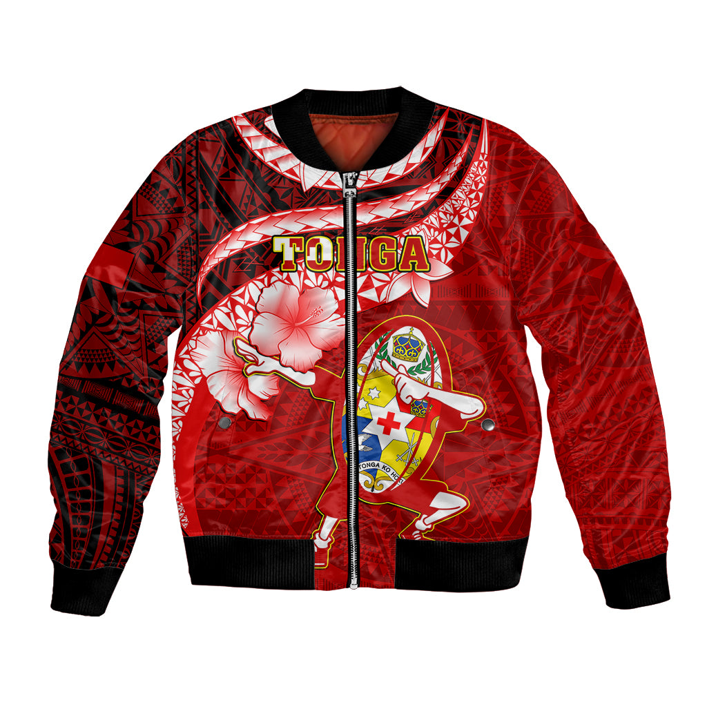 Tonga Rugby Bomber Jacket Ikale Tahi Tongan Ngatu Pattern With Dabbing Ball - Wonder Print Shop