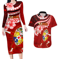 Tonga Rugby Couples Matching Long Sleeve Bodycon Dress and Hawaiian Shirt Ikale Tahi Tongan Ngatu Pattern With Dabbing Ball - Wonder Print Shop