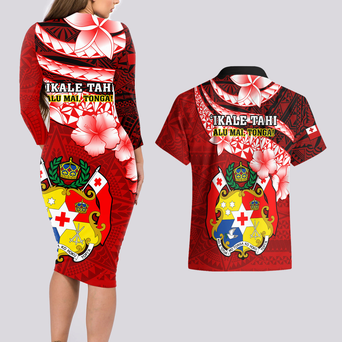 Tonga Rugby Couples Matching Long Sleeve Bodycon Dress and Hawaiian Shirt Ikale Tahi Tongan Ngatu Pattern With Dabbing Ball - Wonder Print Shop