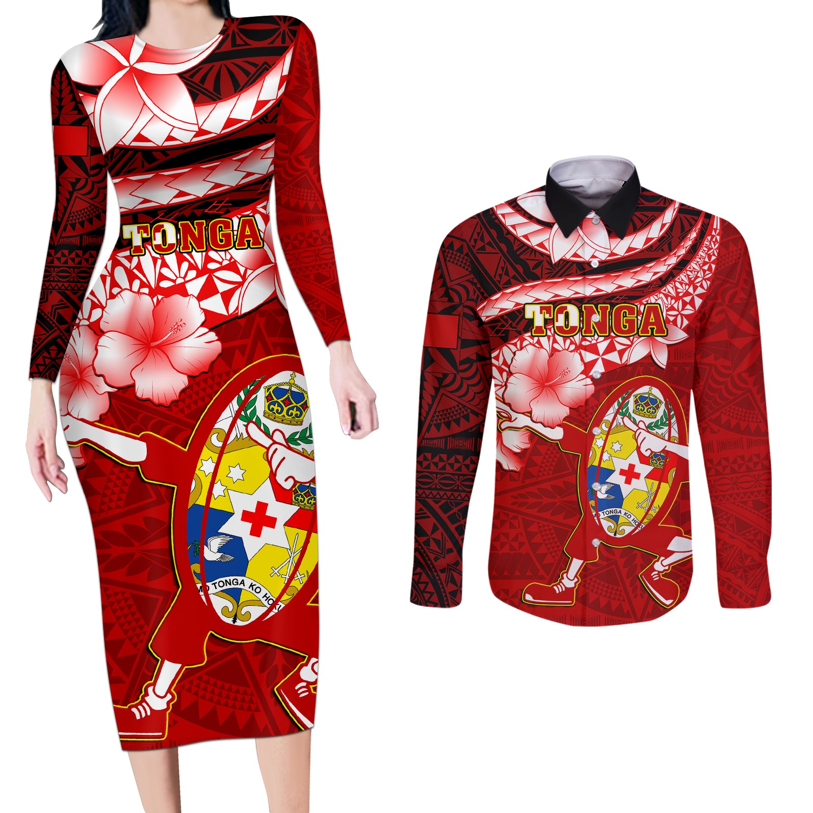 Tonga Rugby Couples Matching Long Sleeve Bodycon Dress and Long Sleeve Button Shirts Ikale Tahi Tongan Ngatu Pattern With Dabbing Ball - Wonder Print Shop
