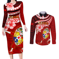 Tonga Rugby Couples Matching Long Sleeve Bodycon Dress and Long Sleeve Button Shirts Ikale Tahi Tongan Ngatu Pattern With Dabbing Ball - Wonder Print Shop