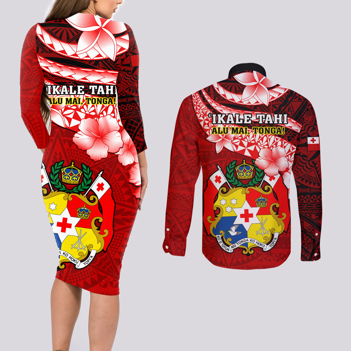 Tonga Rugby Couples Matching Long Sleeve Bodycon Dress and Long Sleeve Button Shirts Ikale Tahi Tongan Ngatu Pattern With Dabbing Ball - Wonder Print Shop